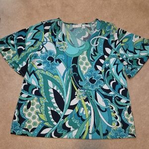 Susan Graver Teal and Black Patterned Short Sleeve Top